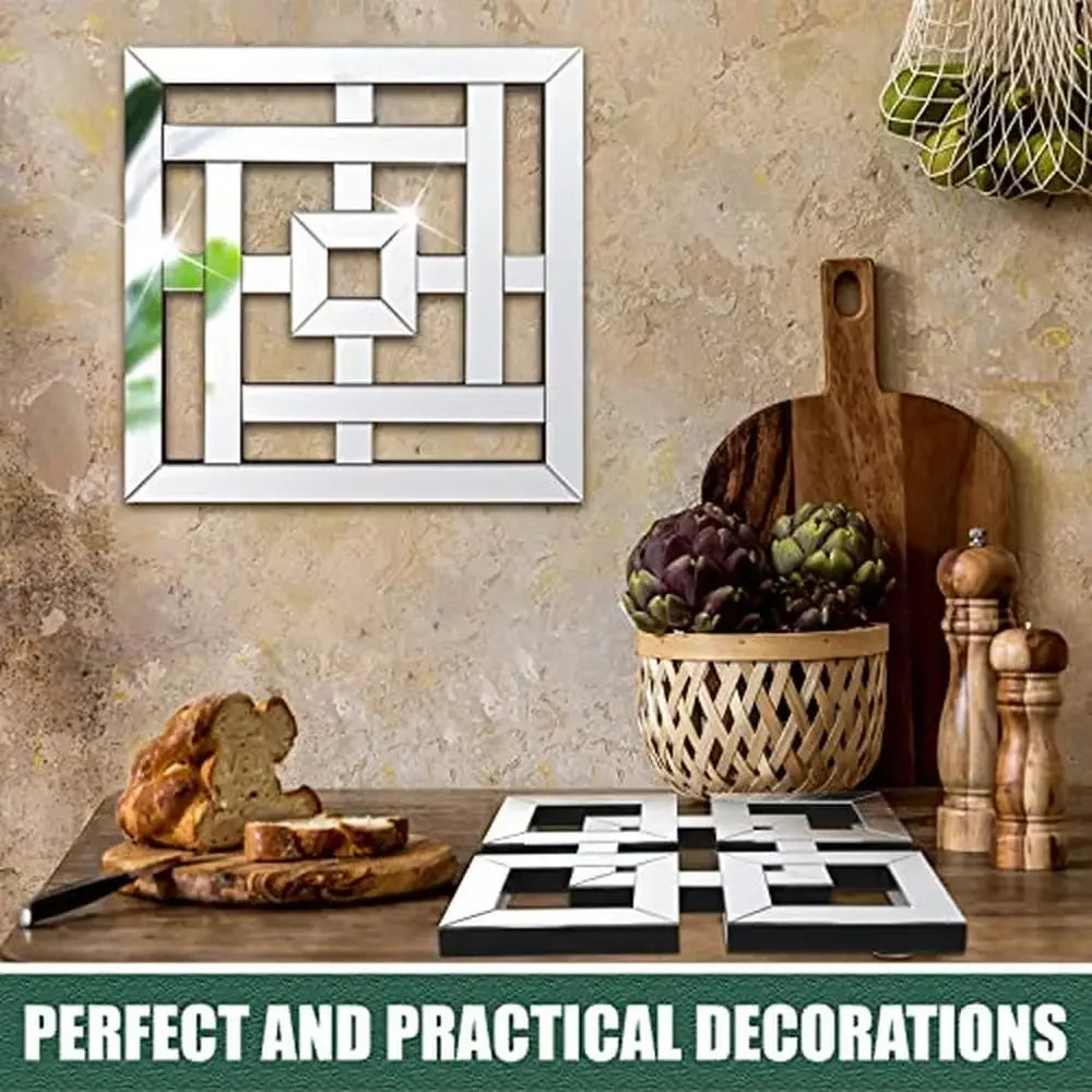 4 Pcs Square Silver Mirror Wall Decor Set .