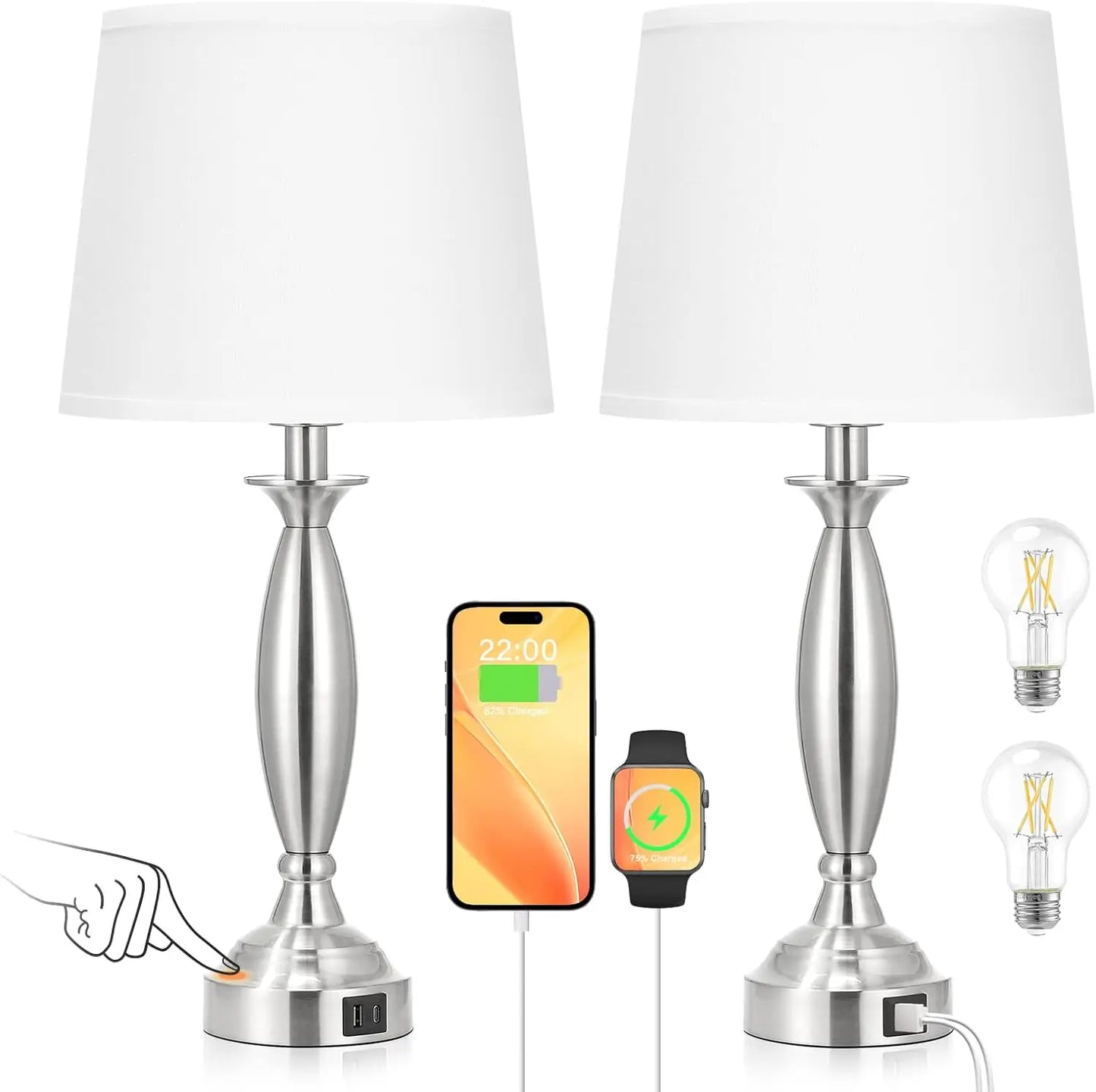 Touch Control Bedside Lamp with USB C+A,