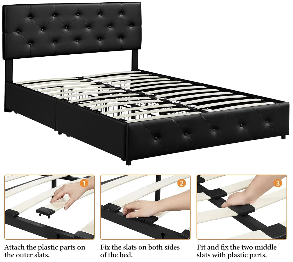 Queen Size Upholstered Bed Frame with 4 Drawers