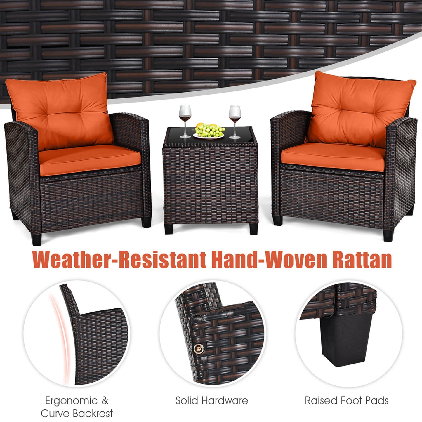 3 PCS Patio Rattan Cushioned Furniture Set