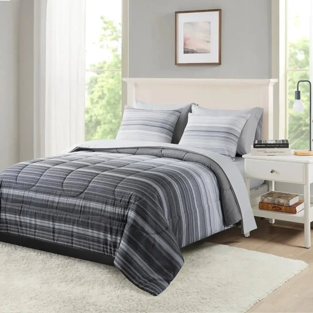 Grey Ombre Stripe Comforter Set Bed.