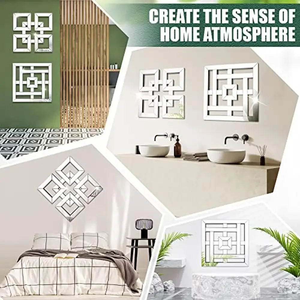4 Pcs Square Silver Mirror Wall Decor Set .