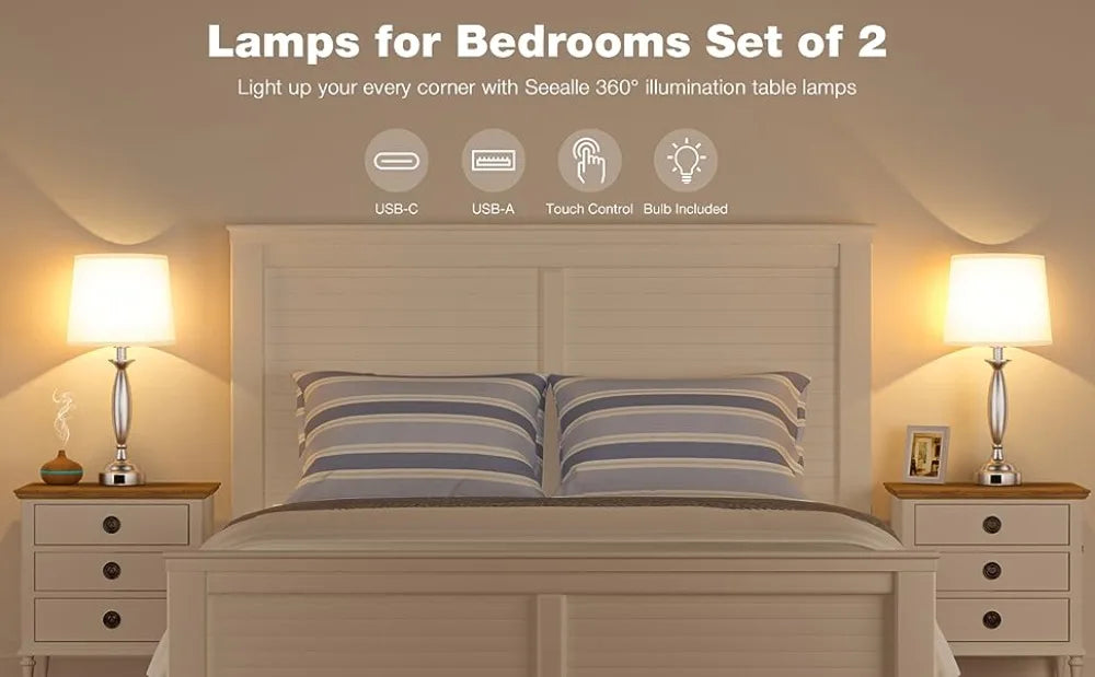 Touch Control Bedside Lamp with USB C+A,