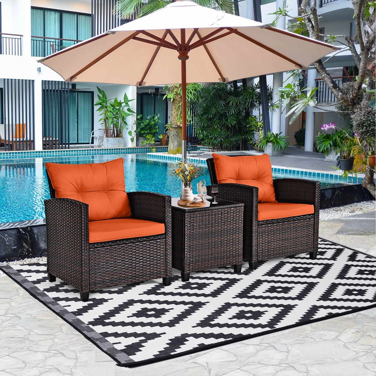 3 PCS Patio Rattan Cushioned Furniture Set