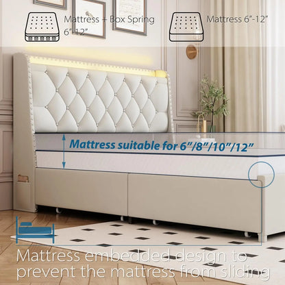 Queen Size Bed Frame w/4 Drawers & Storage/LED Lights Headboard & Charging Station, Beige