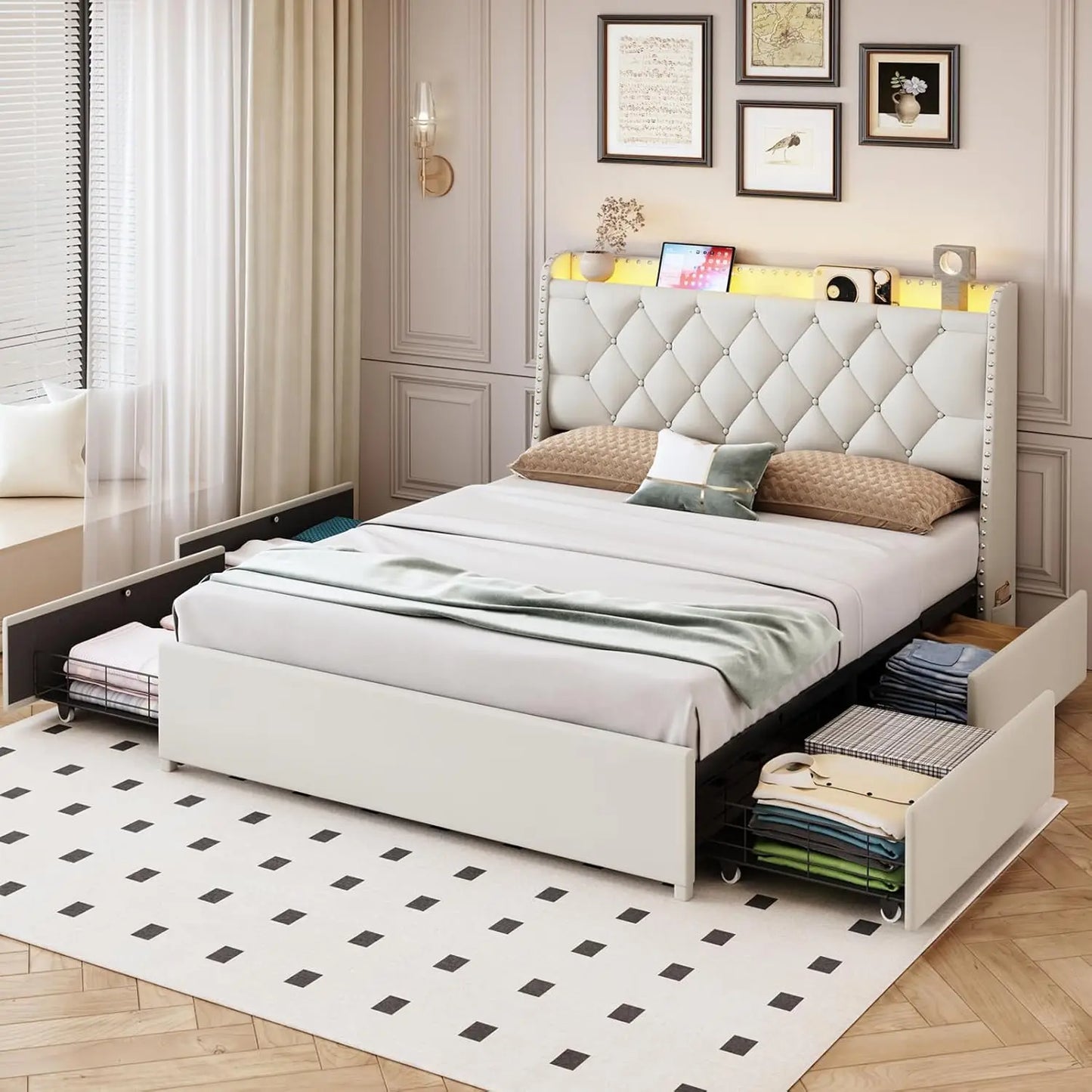 Queen Size Bed Frame w/4 Drawers & Storage/LED Lights Headboard & Charging Station, Beige