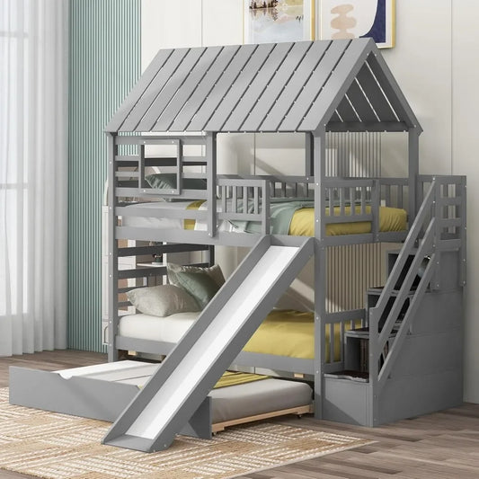 Kids Twin Over Twin Bunk Beds with Slide and Trundle.