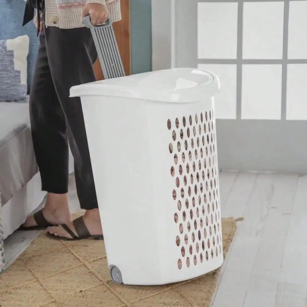 Plastic wheel laundry basket with flip design