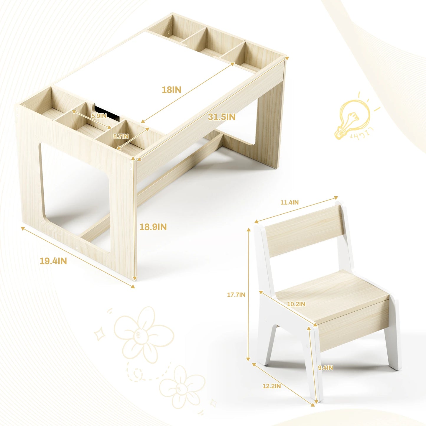 Wooden Toddler Table and 2 Chairs, Kids Table Set