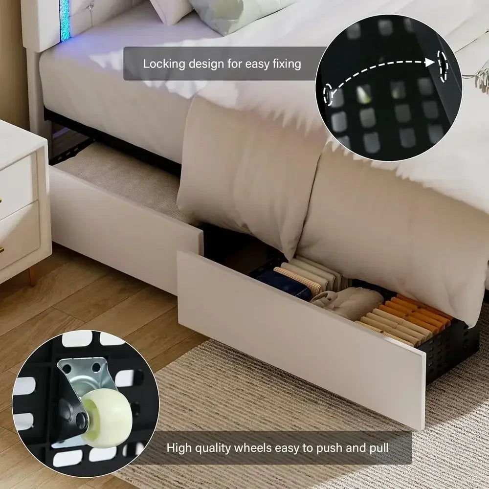LED-lit Upholstered Queen Bed with Storage Drawers