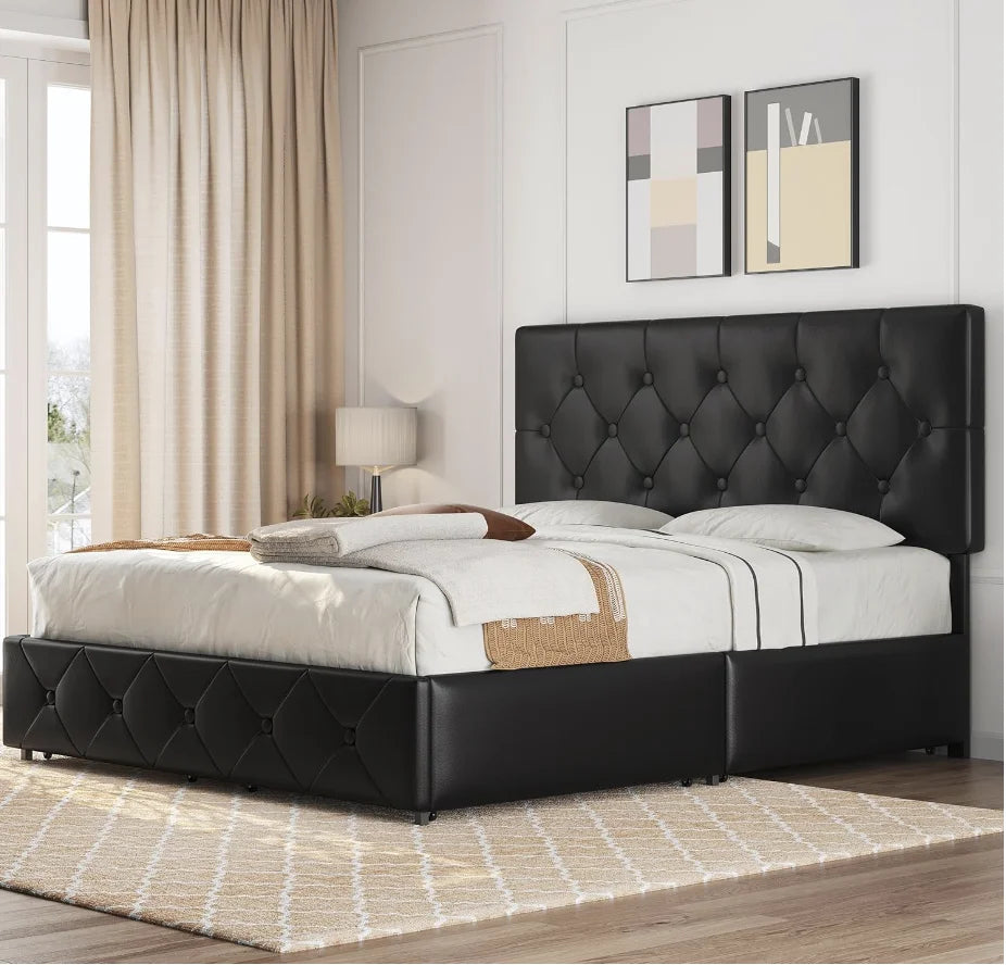 Queen Size Upholstered Bed Frame with 4 Drawers