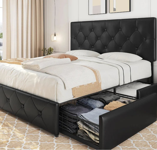 Queen Size Upholstered Bed Frame with 4 Drawers