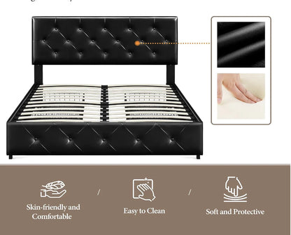 Queen Size Upholstered Bed Frame with 4 Drawers