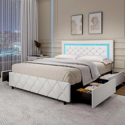LED-lit Upholstered Queen Bed with Storage Drawers