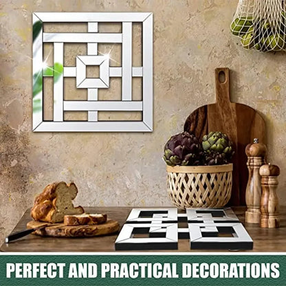 4 Pcs Square Silver Mirror Wall Decor Set .