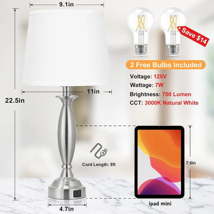 Touch Control Bedside Lamp with USB C+A,