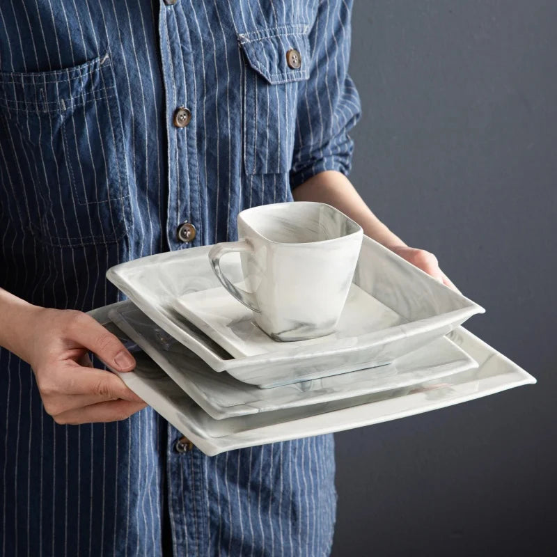 30PCS Marble Grey Porcelain Tableware Dinnerware Set