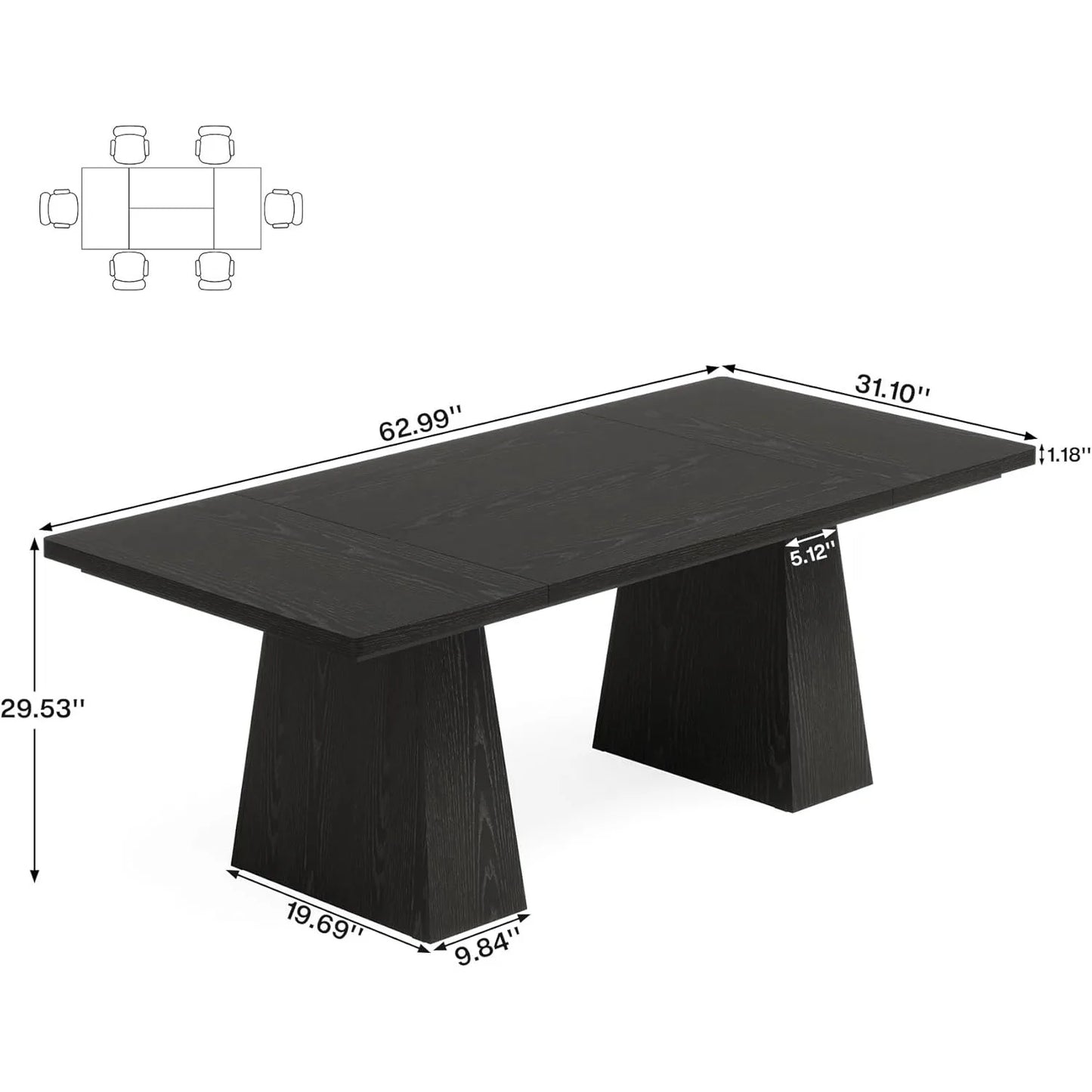63-Inch Black Dining Table for 4-6, Modern Kitchen Table