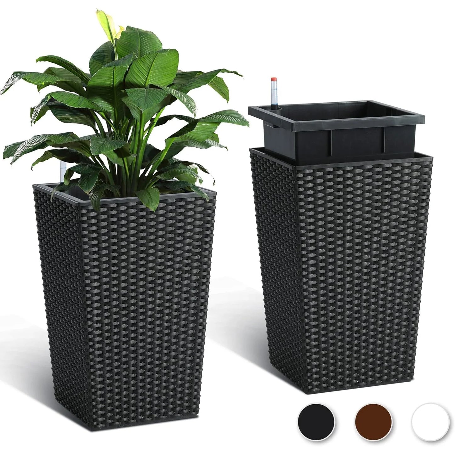 Outdoor Planters 16" Tall Flowers Plant Pots Set of 2 with Tray