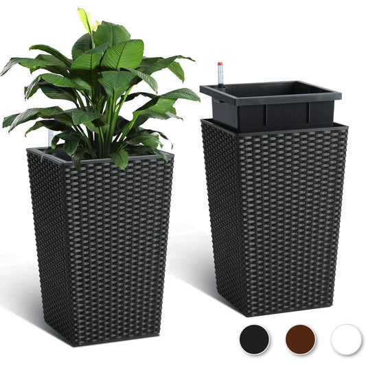 Outdoor Planters 16" Tall Flowers Plant Pots Set of 2 with Tray