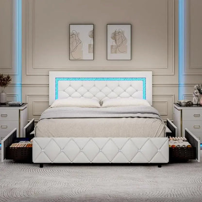 LED-lit Upholstered Queen Bed with Storage Drawers
