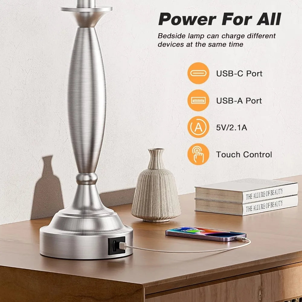 Touch Control Bedside Lamp with USB C+A,
