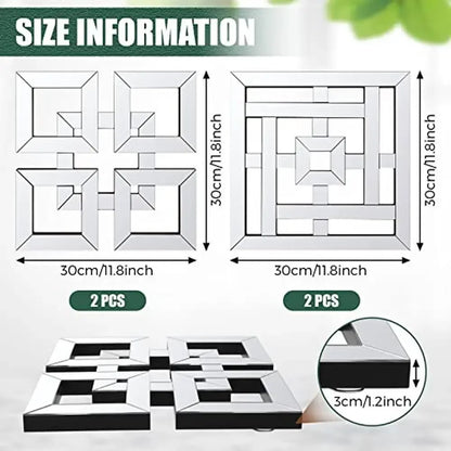 4 Pcs Square Silver Mirror Wall Decor Set .