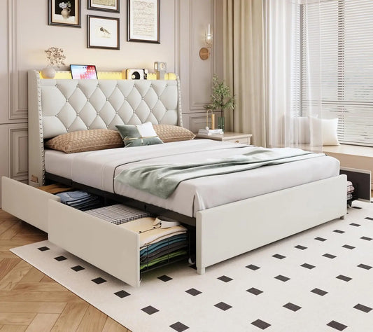 Queen Size Bed Frame w/4 Drawers & Storage/LED Lights Headboard & Charging Station, Beige