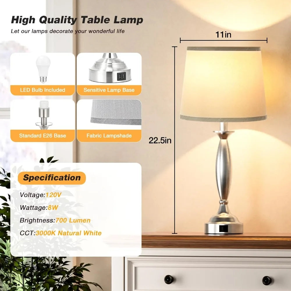 Touch Control Bedside Lamp with USB C+A,
