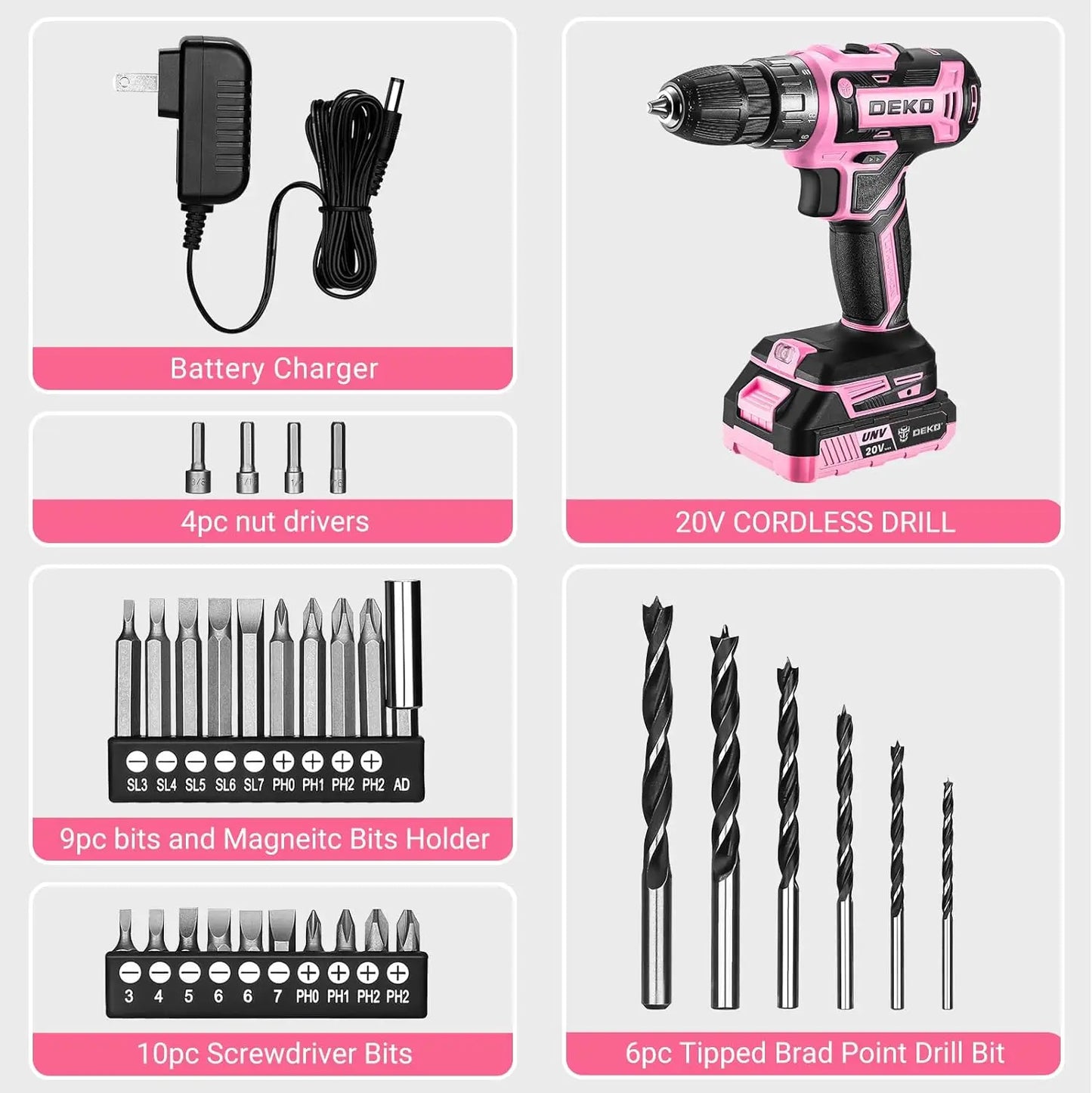 Power Drill Cordless: DEKO Pink Cordless Drill 20V