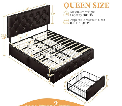 Queen Size Upholstered Bed Frame with 4 Drawers