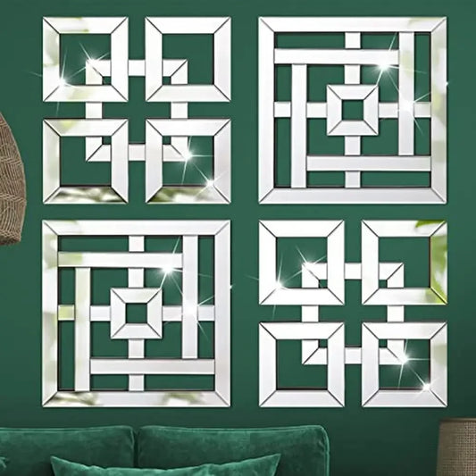 4 Pcs Square Silver Mirror Wall Decor Set .