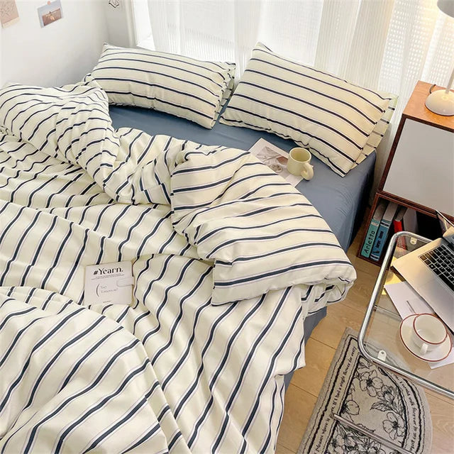 Pure Cotton Home Textile Blue Striped Bedding Set