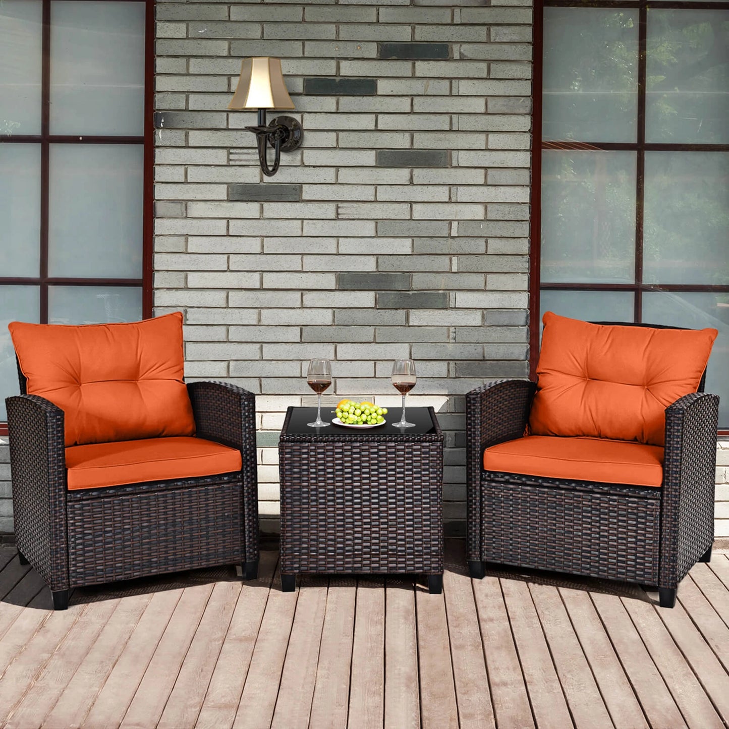 3 PCS Patio Rattan Cushioned Furniture Set