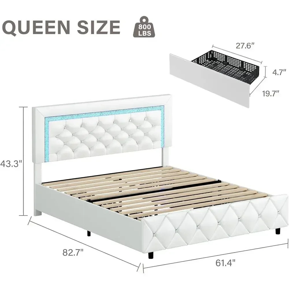 LED-lit Upholstered Queen Bed with Storage Drawers