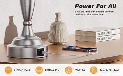 Touch Control Bedside Lamp with USB C+A,