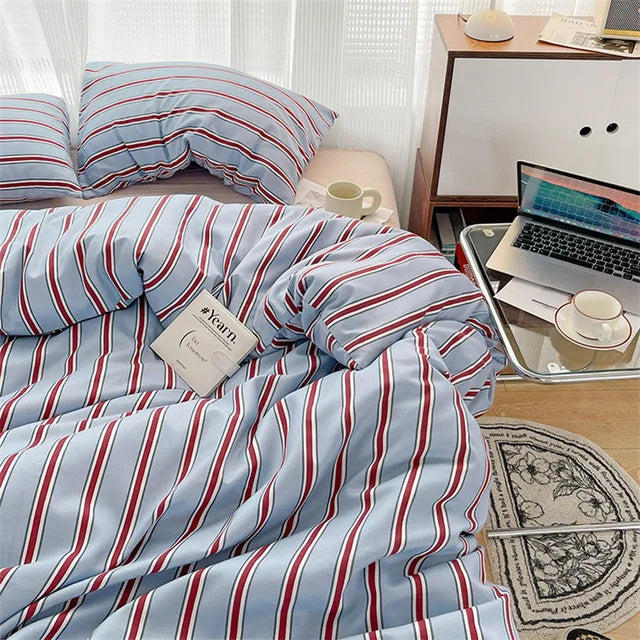 Pure Cotton Home Textile Blue Striped Bedding Set
