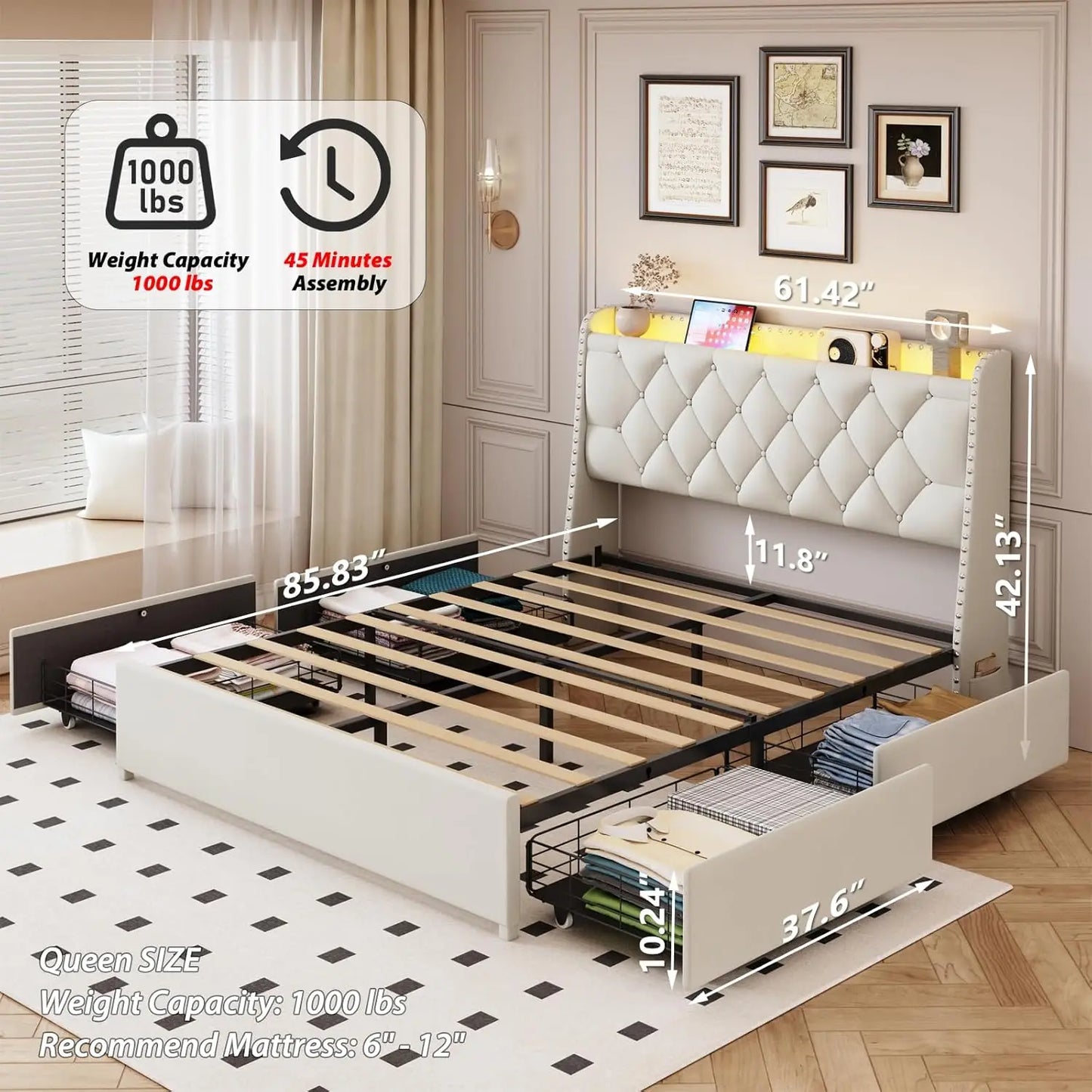 Queen Size Bed Frame w/4 Drawers & Storage/LED Lights Headboard & Charging Station, Beige