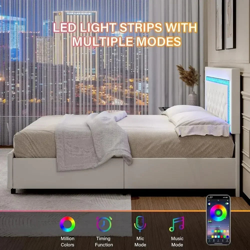LED-lit Upholstered Queen Bed with Storage Drawers