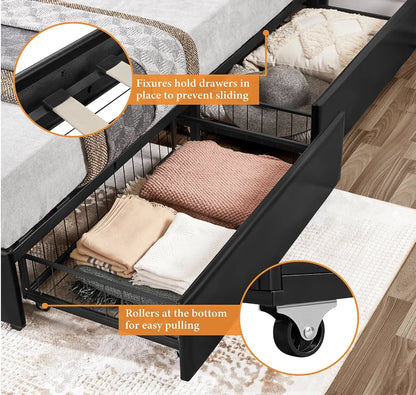 Queen Size Upholstered Bed Frame with 4 Drawers