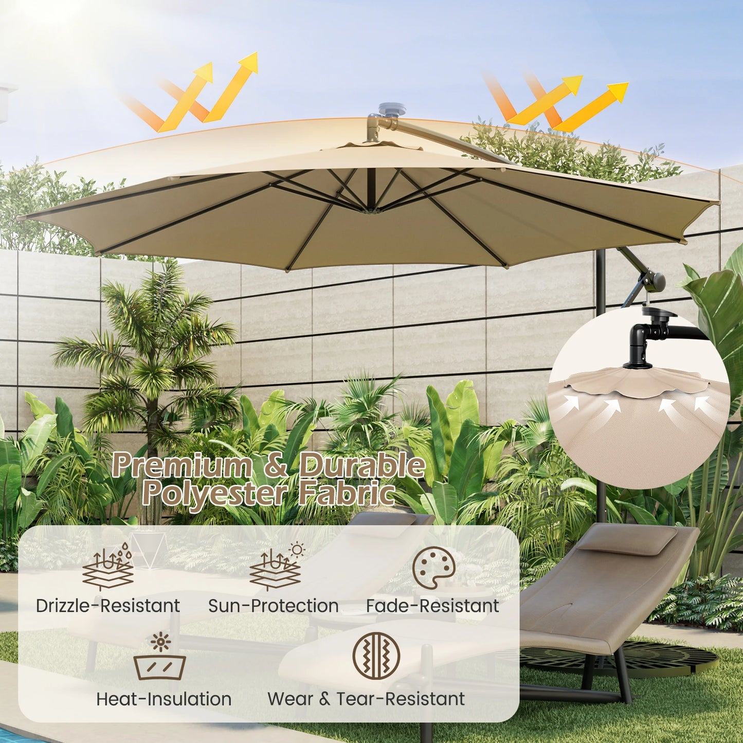 10FT Patio Solar-Lighted 112 LED Cantilever Offset Umbrella