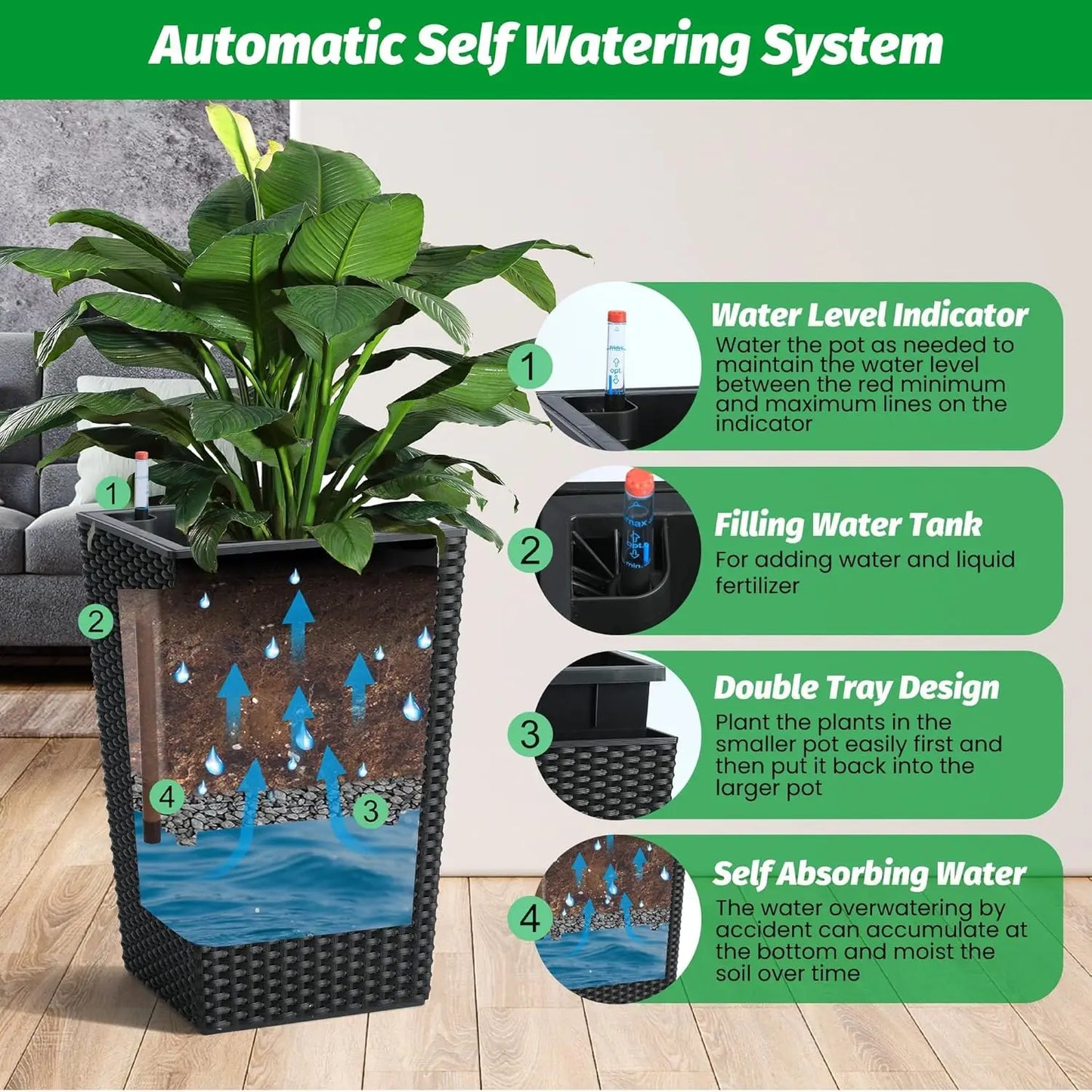 Outdoor Planters 16" Tall Flowers Plant Pots Set of 2 with Tray