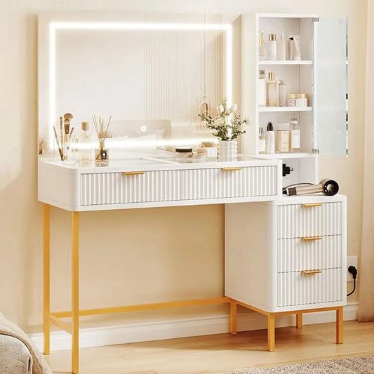 36" Large Mirror and Lights with 5 Drawers,3 Storage Shelves