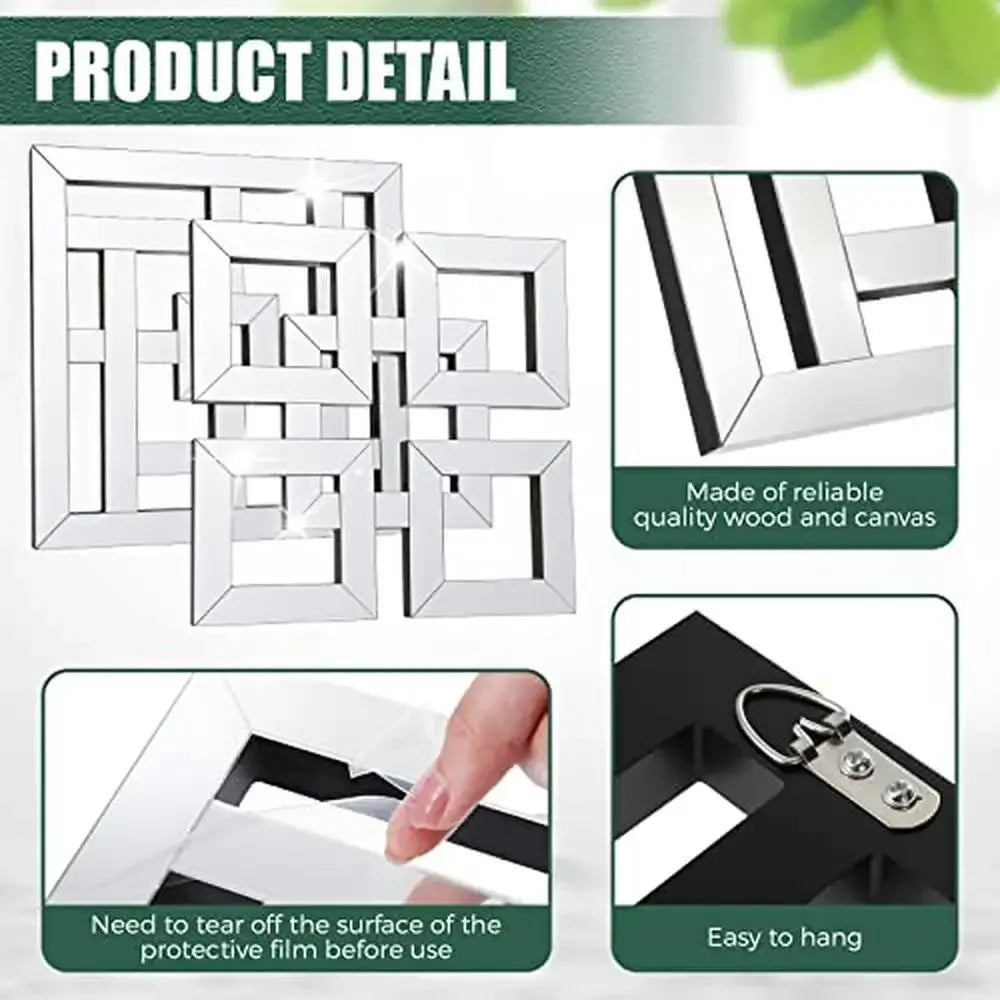 4 Pcs Square Silver Mirror Wall Decor Set .