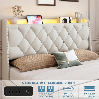 Queen Size Bed Frame w/4 Drawers & Storage/LED Lights Headboard & Charging Station, Beige